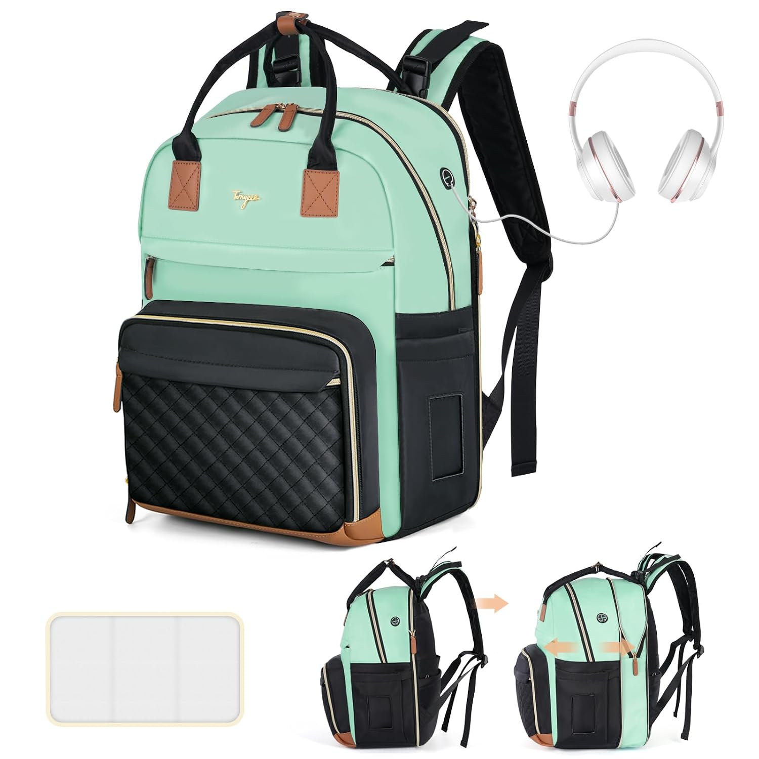 Diaper Bag Backpack - Extra Large Diaper Bag for 2 Kids Twin, Travel Baby Bags for Mom Dad 25-37L Expandable with Changing Pad Earphone Hole, Green Black