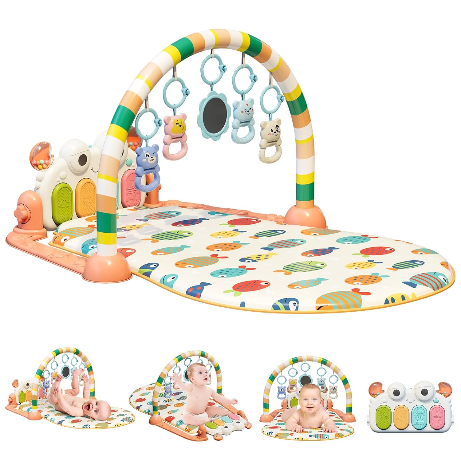 dearlomum Baby Play Mat Baby Gym, Piano Tummy Time Activity Gym Mat with 5 Infant Learning Sensory Toys, Music and Lights Boy & Girl Gifts for Newborn 0 to 3 6 9 12 Months(Orange)