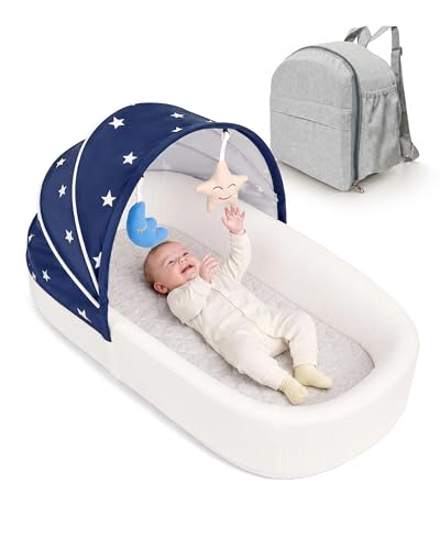 Large Portable Baby Lounger Nest-Travel Bassinet,Canopy & Mosquito Net-Lightweight Foldable Bassinet Lounger Cotton Cover & Supportive Mattress pad Washable Indoor-Outdoor Use,Blue