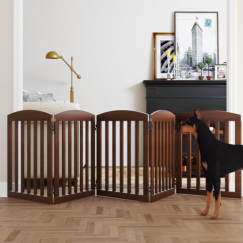 SPIRICH 120" Extra Wide 28" Tall Dog Gate Indoor, Dog Gates for Doorways, Stairs, The House, Wooden Freestanding Foldable Pet Gate, Step Over Puppy Safety Fence, 5 Panels, Brown