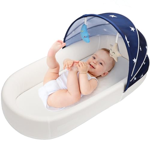 Portable Baby Lounger - Travel Bassinet for Newborn, Infant and Toddler, Suitable for Indoor & Outdoor Carrying, Mini Cribs Co Sleeper for Baby in Bed, Lightweight Foldable Washable, Blue