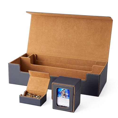Venssu MTG Deck Box Holds 5 Display Card Deck Boxes with Playmat and Dice Box,Includes 10 colorful dividers and 1 card supporter, Trading Card Storage Box For Magic Game Cards(Black and Brown)
