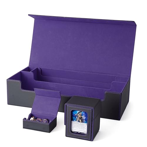 Venssu MTG Deck Box Holds 5 Display Card Deck Boxes with Playmat and Dice Box,Includes 10 colorful dividers and 1 card supporter, Trading Card Storage Box For Magic Game Cards(Black and Purple)