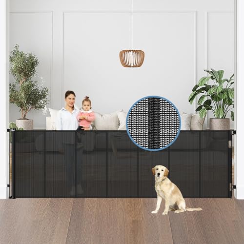 Reinforced 100 Wide Retractable Baby Gate with Support Rods, Upgrade Extra Wide Dog Gate Retractable Pet Gate to Prevent Crawling Through, Indoor/Outdoor Mesh Gate for Large Openings (Black)