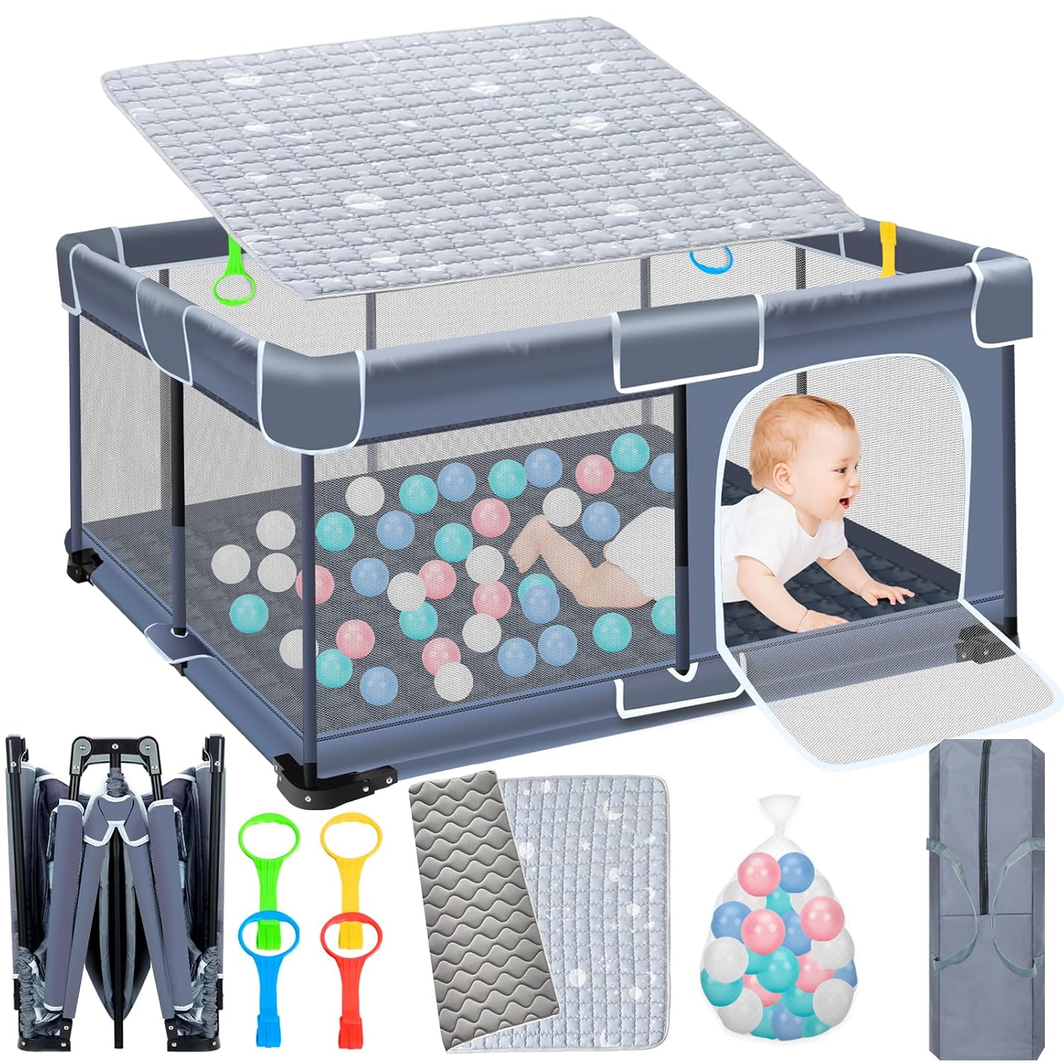 Foldable Baby Playpen with Mat,50x50 Playpen for Babies and Toddlers,Portable Play Pen with 30 Ocean Ball,4 Handlers & Detachable Thick Non-slide Mat,Collapsible Play Area with Visible Mesh for Travel
