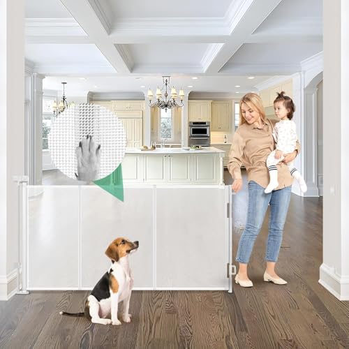 Reinforced 85 Inch Wide Retractable Dog Gate Extra Long Baby Gate with Support Rods  Prevent Crawling Under, Indoor Extra Wide Retractable Baby Gate Retractable Gate Outdoor Gates for Decks, White