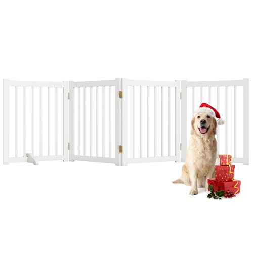 Solid Wood Freestanding Pet Gate - 4 Panels 24" - Folding Safety Fence with 2 Support Feet - Ideal for Stairs, Doorways, Halls, Kitchens - Indoor Wooden Dog Gate - White Color