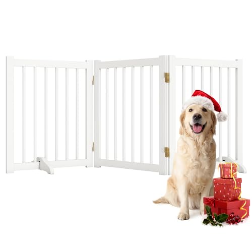 Indoor Dog Gate,Wooden Freestanding Dog Gate for Stairs or Doorways-3 Panels 24" - Folding Solid Wood Safety Pet Fence with 2 Support Feet-White Color