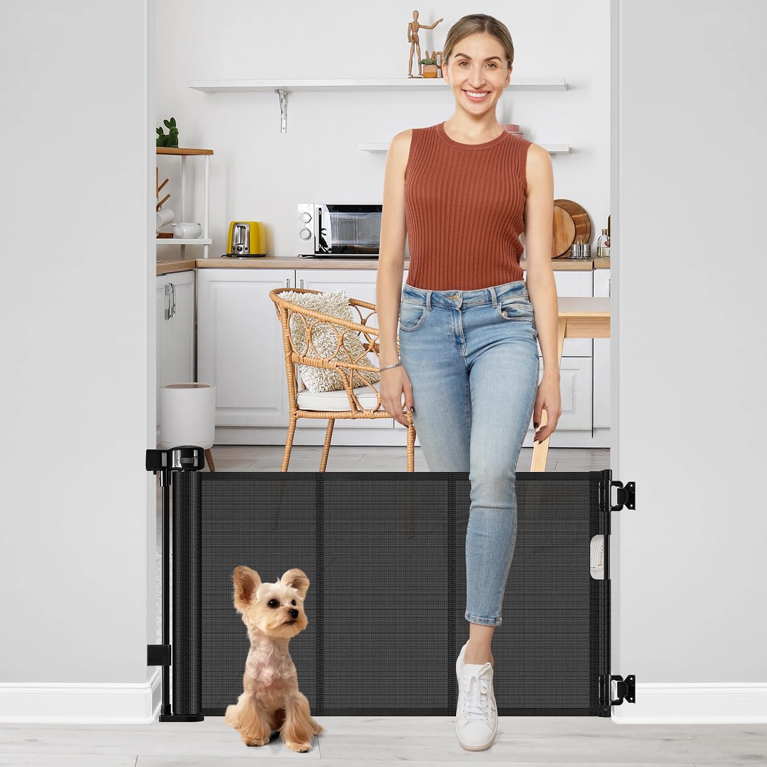 Short Dog Gate 0-39 Wide Narrow Baby Gate 24 Tall Retractable Short Pet Gate to Step Over Short Baby Gate for Doorway, Low Pet Gate Indoor Doggie Gates Mesh Puppy Gate for Stairs, Black