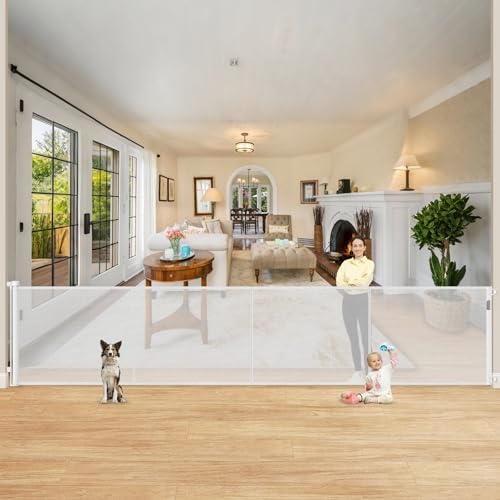 Reinforced 42" Extra Tall Retractable Baby Gates for Doorway, 200" Retractable Dog Gate With Support Rod, 16ft Extra Long Baby Gate for Large Opening, Bottom Anti-Crawl Indoor/Outdoor Mesh Child Gates