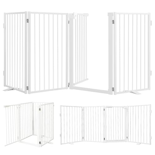Snagle Paw Metal Freestanding Dog Gate with Door, 80 W x 32 H Dog Fence with Support Feet for Doorways, Stairs and Hallways, Portable Pet Gate for Indoor Use (4 Panel, White)