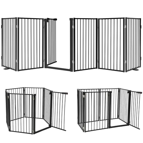 Snagle Paw Full Metal Freestanding Dog Gate with Door, 120 W x 32 H Pet Gate with Support Feet for Doorways, Stairs and Hallways, Portable Dog Fence for Indoor Use (32" 6 Panel, Black)