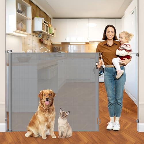 48" T X 115" W Extra Tall Pet Gate Retractable Baby Gates for Doorways Extra Wide 9.58ft, Retractable Dog Gate Outdoor Anti-Scratch, 4ft Tall Mesh Gates for Kids or Pets Can't Jumping Over, Gray