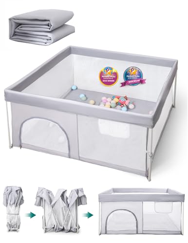 BABELIO Foldable Baby Playpen with Mat, 54.5"  54.5" Portable Playard for Babies and Toddlers, No Assembly Required, Indoor & Outdoor Kids Safety Play Pen Area, Travel Fence, Grey