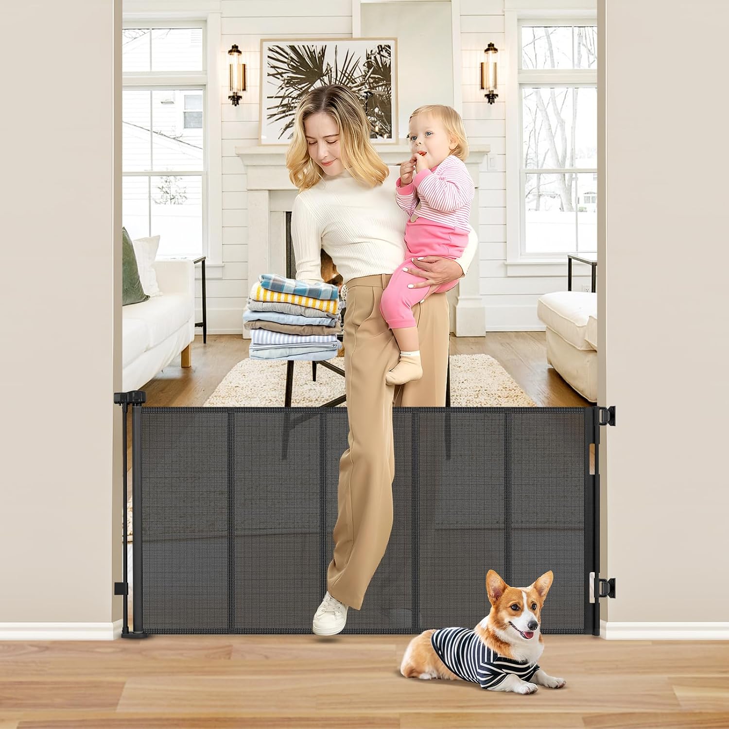 Reinforced 26 Inch Tall Retractable Dog Gate to Step Over 55" Wide Short Mesh Baby Gate Retractable Baby Gate for Doorway Low Outdoor Retractable Gate Small Pet Gate for Stair Puppy Gate for The House