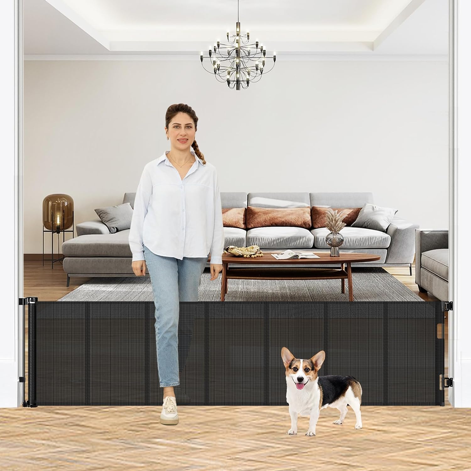 24 Inch Tall x 110 Inch Extra Wide Retractable Dog Gate for The House, Short Baby Gate to Step Over, Reinforced Mesh Puppy Gate for Doorways, Step Over Pet Gate for Stairs, Indoor/Outdoor, Black