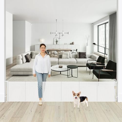 24 Inch Tall x 150 Inch Extra Wide Retractable Dog Gate for The House, Short Baby Gate to Step Over, Reinforced Mesh Puppy Gate for Doorways, Step Over Pet Gate for Stairs, Indoor/Outdoor, White