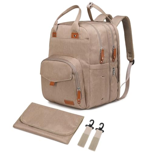 Large Diaper Bag Backpack for Two Kids Twins - Expandable Baby Bag (26-36L), Dual Big Compartments - Includes Changing Pad & Stroller Straps, Unisex Premium Khaki