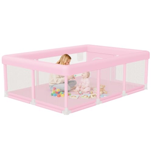 Baby Playpen 74"x50" PlayPen for Babies and Toddlers Pink, Large Play Yards for Indoor & Outdoor with Zipper Gates