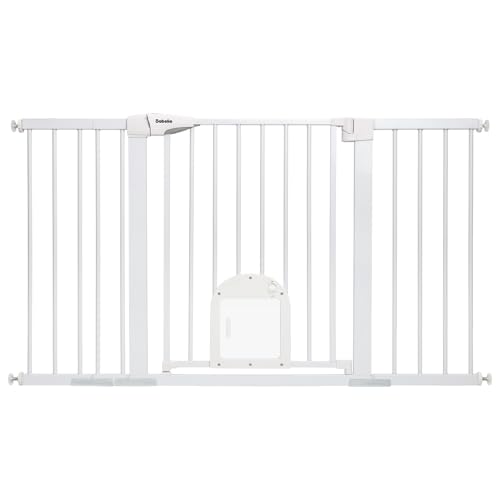 Babelio 36.5-57" Extra Wide Baby Gate with Cat Door,Auto Close&Two Way Swing,Pressure Mounted Dog Gates for Stairs,Doorways,Includes 4 Wall Cups and 3 Extension Pieces,White