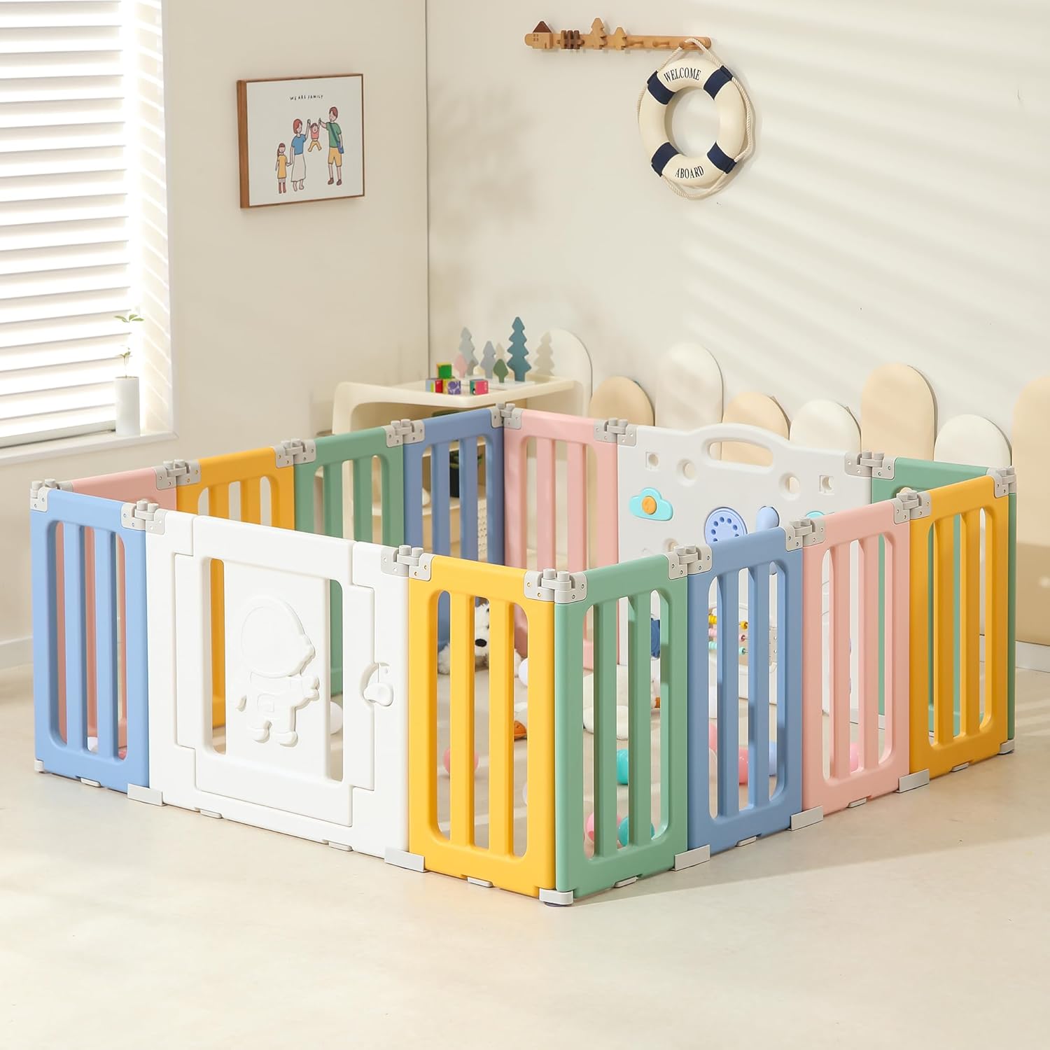 Extra Large Foldable Play Pen - 14 Panels, Adjustable Baby Play Yard, Portable Baby Fence - Colorful Astronauts Design