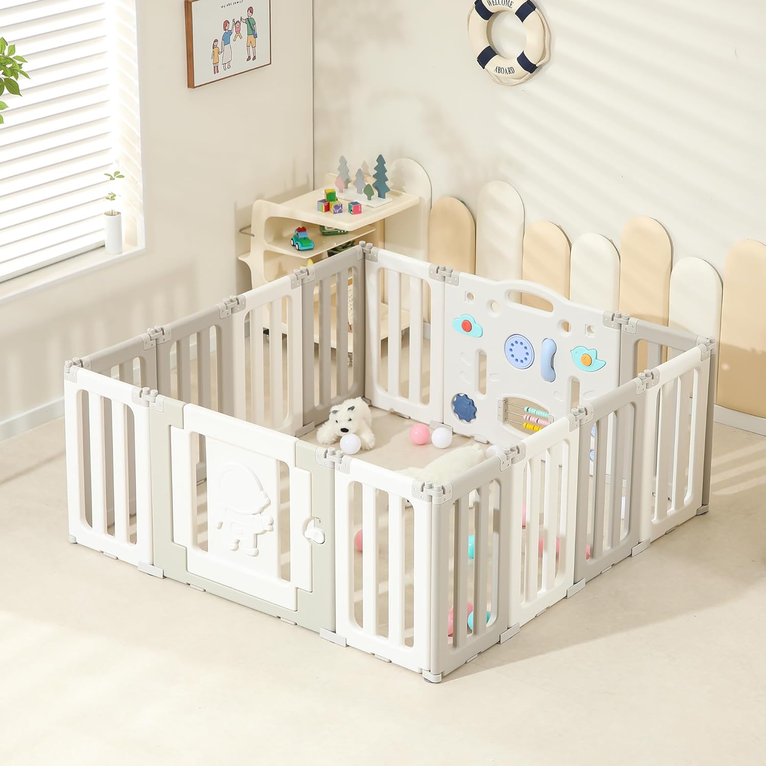 Extra Large Play Pen - 14 Panels Foldable Astronauts Playpen for Babies and Toddlers, Adjustable Yard, Portable Fence, Gate - Grey