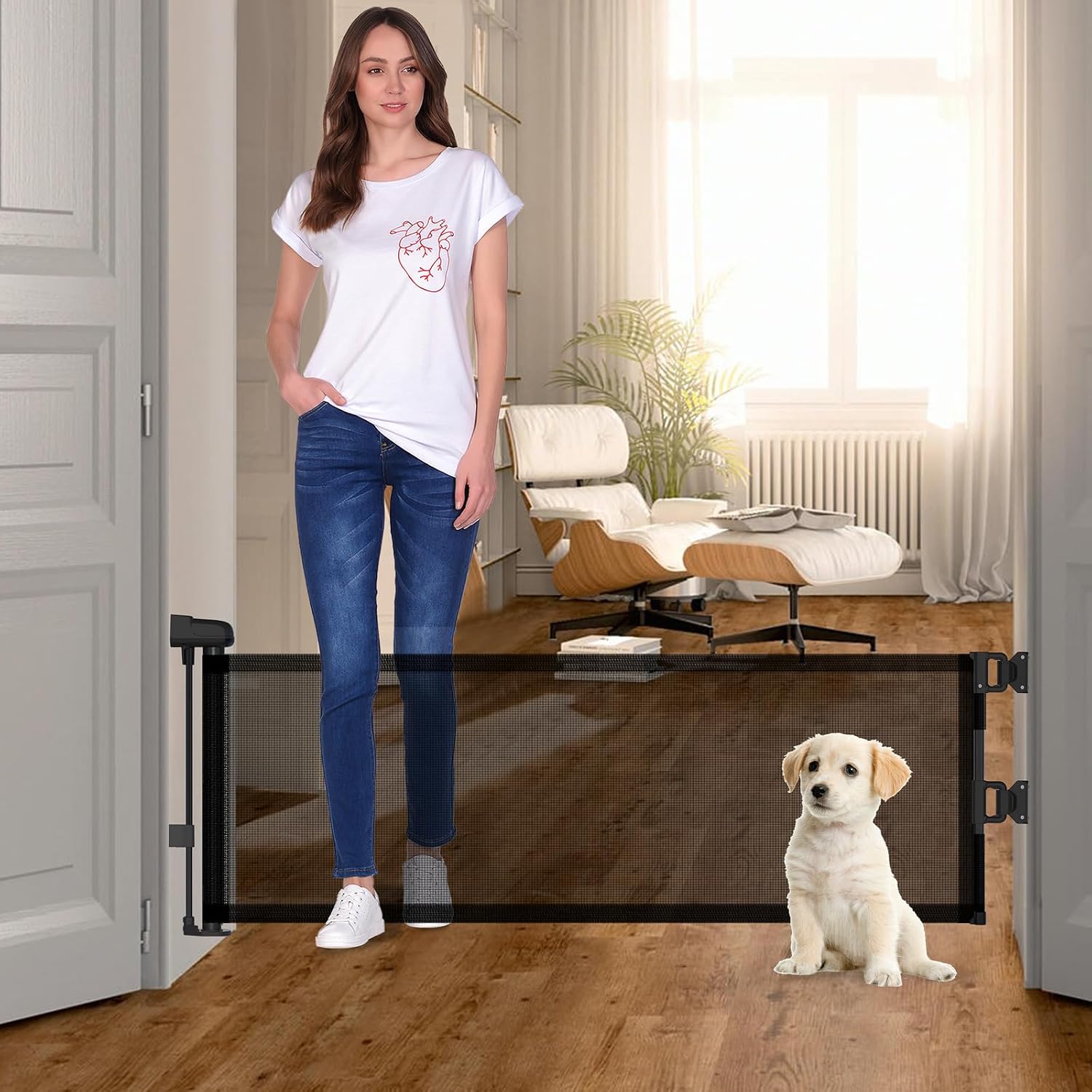 14" H Short Dog Gate Pet Gates Puppy Gate 59" Wide Step Over Pet Fence, Mesh Retractable Indoor Outdoor Expands Up to 59 Inches Small Dog Gates for Doorways Stairs