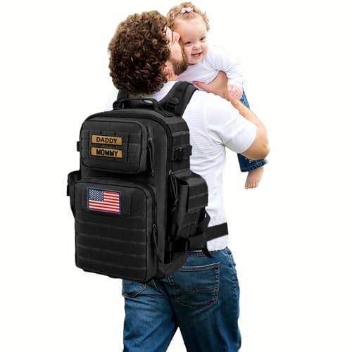 SHARKMOUTH Dad Diaper Bag for Men - Military Baby Backpack with Patches for Hiking Travel Camping Trips - Baby Shower Gifts Black