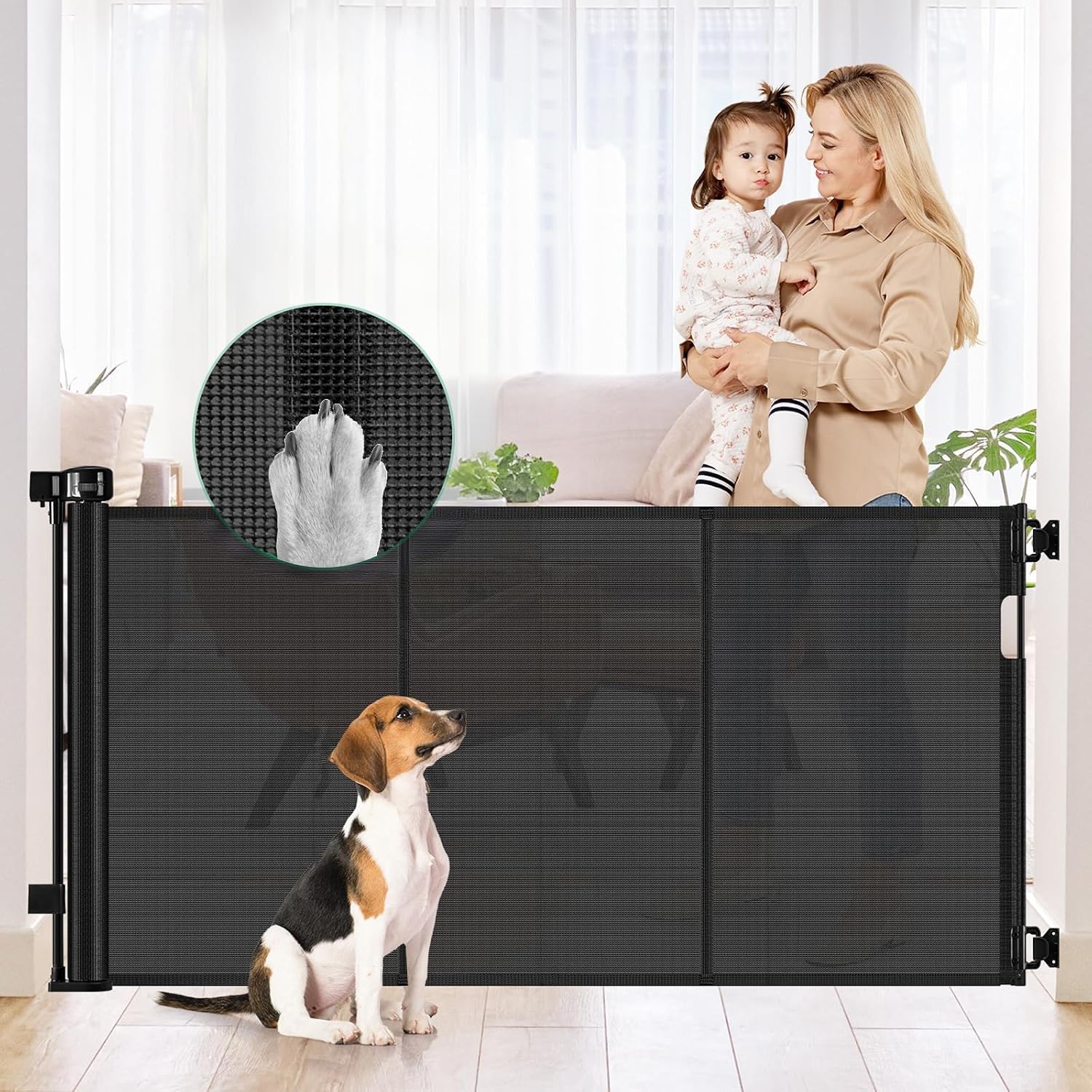 Reinforced 56" Wide Retractable Baby Gate Retractable Dog Gate with Support Rods - Anti-Bottom Crawl, Mesh Gate Retractable Gate Outdoor Retractable Pet Gate Indoor Doorway/Hallway/Stair Gate, Black
