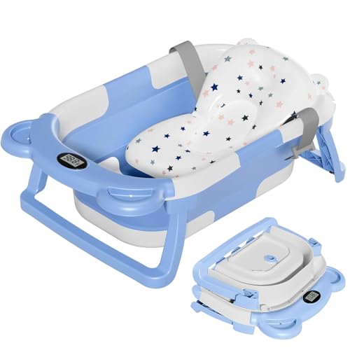 TPN Collapsible Baby Bathtub, Baby Bath Tub with Soft Cushion & Real-Time Thermometer, Baby Bathtub Infant to Toddler Tub (0-36 Months), Portable Travel Baby Tubs for Newborns (Blue)