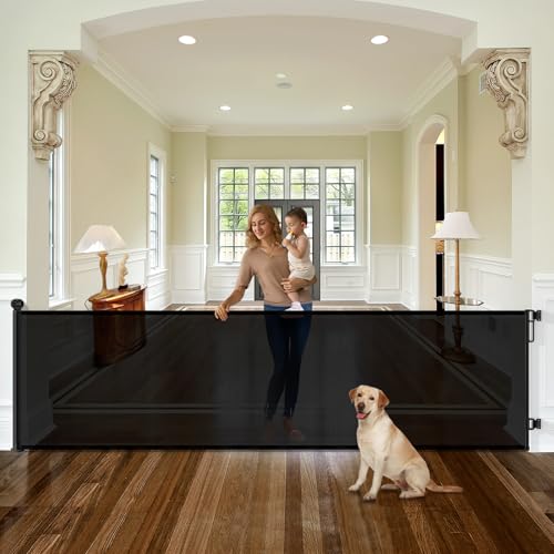34'' Tall 100'' Extra Wide Retractable Baby Gates for Large Openings, Momssy Child Safety Mesh Gate, Long Dog Gate for Indoor/Outdoor Stairs Hallways Deck Patio Garage Door (Black)