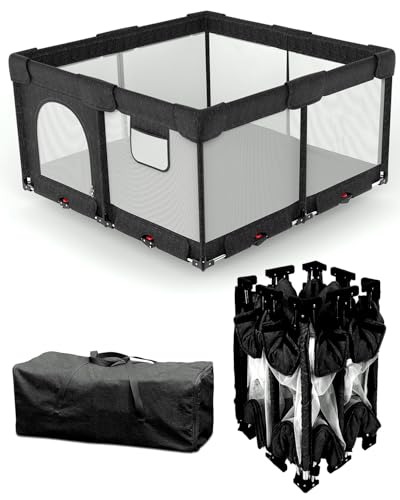 Foldable Baby Playpen with Non-Removable Thick Mat, Extra Large Collapsible Play Yard for Babies & Toddlers, Portable Travel Playpen with Gate, Safe Activity Center (51"51" Black)