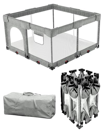 Foldable Baby Playpen with Non-Removable Thick Mat, Extra Large Collapsible Play Yard for Babies & Toddlers, Portable Travel Playpen with Gate, Safe Activity Center (51"51" Grey)