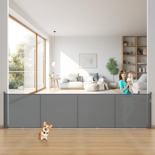Upgrade Retractable Baby Gates Extra Wide (200" W x 42" H), 200 inch Reinforced Retractable Dog Gate to Prevent Crawling Through, Retractable Gate Outdoor/Indoor, Real One-Handed Operation, Gray
