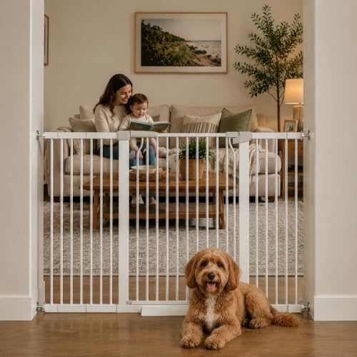 40.55" Extra Tall Baby Gate for Stairs-40.6"-54.7" Wide 1.37" Ultra Narrow Spacing Extra Wide Pet Cat Gate Dog Gate-Auto-Close Pressure Mounted Dog Door for Pets and Kids,White