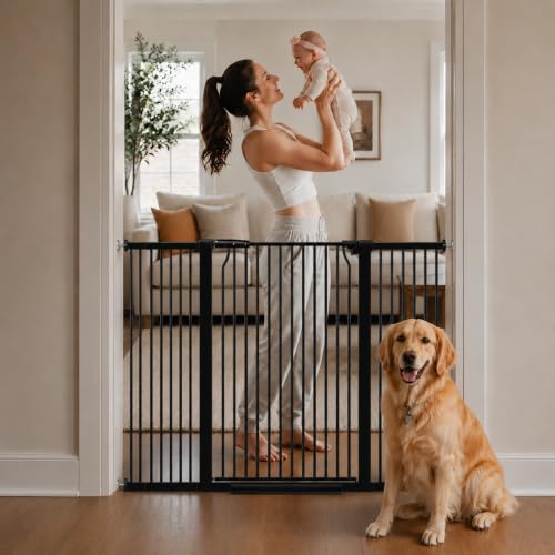 40.55" Extra Tall Baby Gate for Stairs-40.6"-54.7" Wide 1.37" Ultra Narrow Spacing Extra Wide Pet Cat Gate Dog Gate-Auto-Close Pressure Mounted Dog Door for Pets and Kids,Black