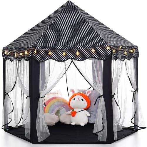 Monobeach Princess Tent Girls Black Large Playhouse Kids Castle Play Tent with Star Lights Gift Toy for Children Indoor and Outdoor Games