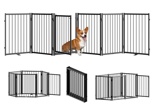 Full Metal Freestanding Dog Gate with Door, 24'' Height Foldable Pet Dog Fence for Indoor & Outdoor, 6 Panels Extra Wide Free Standing SmallDog Gates for Doorways,House,Stairs,Porch,Deck,Yard
