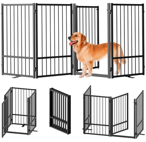 Full Metal Freestanding Dog Gate with Door, 32''Height Foldable Pet Dog Fence for Indoor & Outdoor, 4 Panels Extra Wide Free Standing TallDog Gates for Doorways,House,Stairs,Porch,Deck,Yard