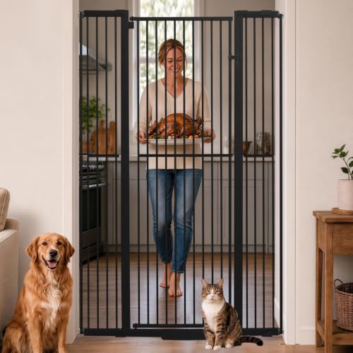 55.1 Inch Tall Baby Gate Auto Close Dog Gate Adjustable 29.92"- 48.03" Wide Pressure Mounted Walk Through Swing Pet Gate for Doorways (Black, 29.92"- 48.03")