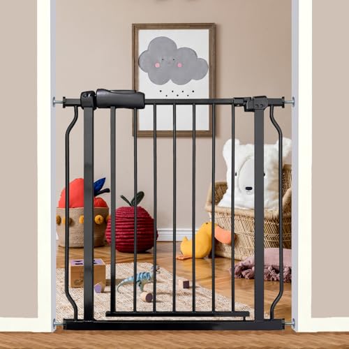 29-34 Inch Baby & Dog Gate, Pressure Mounted Auto Close, Walk Through Safety Gate for Narrow Stairs & Hallways, Black Heavy-Duty Metal - Kids & Pets