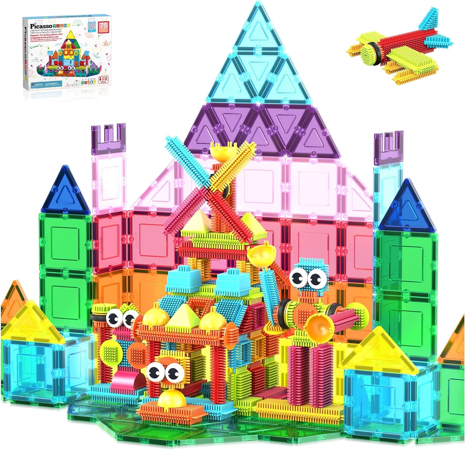 PicassoTiles Magnetic Tiles & Hedgehog 2-in1 Interlocking Brush Connector Magnet Building Blocks Construction Set Learning Playset STEM Toys Development Preschool Education Toy Toddler Age 3 Up PTE21