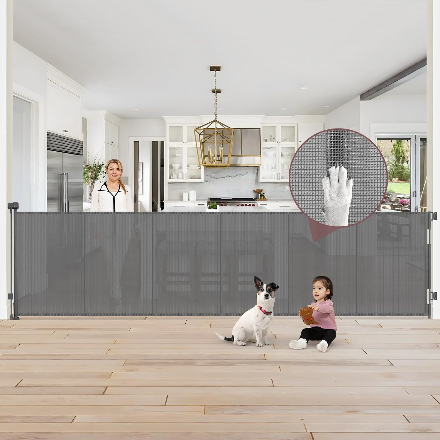 Reinforced 41" Extra Tall Retractable Baby Gates Extra Wide Dog Gate 150" Retractable Pet Gate with Support Rods, Indoor Mesh Gates for Kids or Pets Retractable Fence Outdoor Extra Tall Dog Gate, Gray