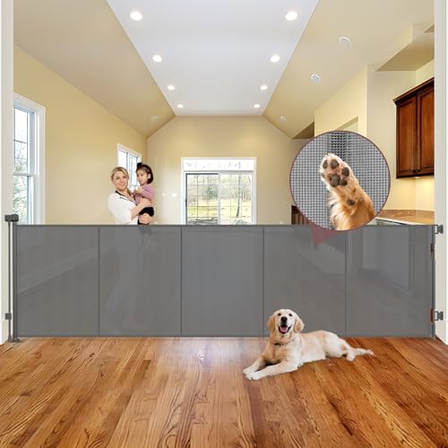 Reinforced 41" Extra Tall Pet Gate 120" Extra Wide Baby Gates for Large Openings, Extra Tall Retractable Baby Gates with Support Rods, Indoor Outdoor Large Dog Gate, Gray