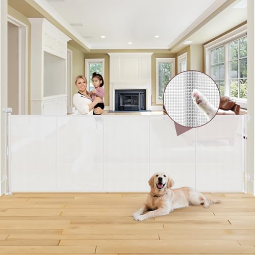 Reinforced 41" Extra Tall Retractable Dog Gate 100" Wide Retractable Baby Gates with Support Rods, Outdoor Retractable Gates for Dogs Indoor Extra Tall Baby Gate Child Gates for Wide Openings, White