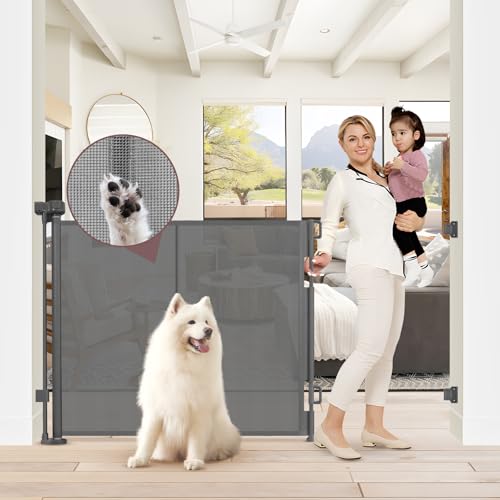 Reinforced 41 Inch Extra Tall Retractable Baby Gate 55" Wide Mesh Baby Gate Retractable Pet Gate with Support Rods  Prevents Crawling Under, Indoor Retractable Gate Outdoor Extra Tall Pet Gate, Gray