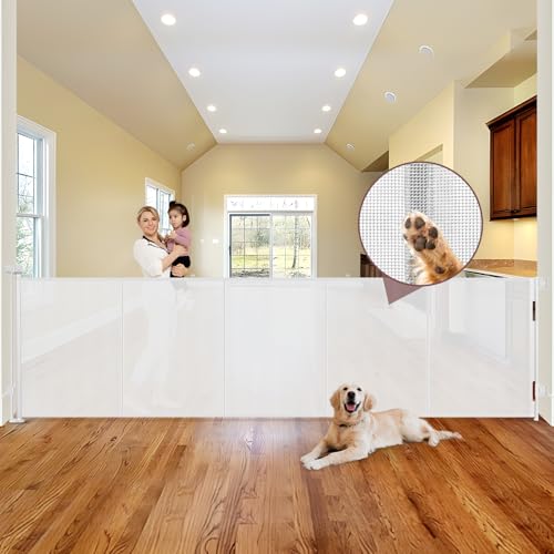 Reinforced 41" Extra Tall Retractable Baby Gates Extra Wide 120" Retractable Dog Gate with Support Rods, Indoor Mesh Baby Gate Retractable Gate Outdoor Extra Tall Dog Gate for Large Openings, White