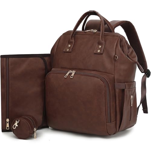 Premium Vegan Leather Diaper Bag Backpack with Waterproof Changing Pad  Reinforced Stitching & Zippers, Baby Bag for Boy Girl, Stroller Straps, Fits 15.6" Laptop for Work Moms, Dark Brown