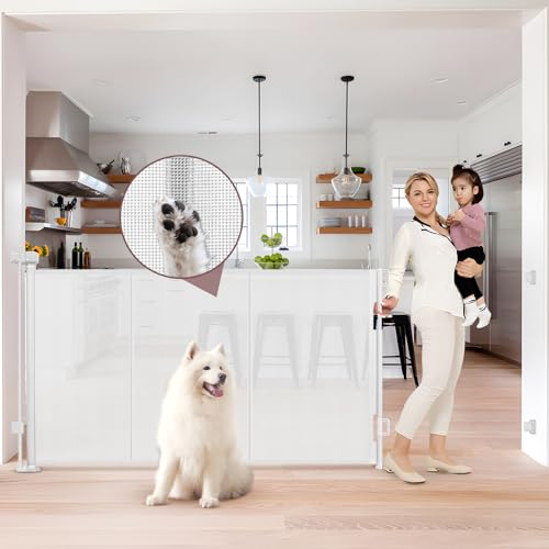 Reinforced 41 Inch Extra Tall Retractable Dog Gate 80 Inch Extra Wide Baby Gate with Support Rods Prevents Crawling Under, Indoor Extra Tall Retractable Baby Gates Outdoor Extra Tall Pet Gate, White