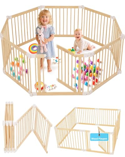 Foldable Wooden Baby Playpen Large Play Yard for Babies, 2 in1 New Mom Helper Portable Fence, Custom 25" Tall Wood Gate with Adjustable Size & Shape for Infants 3-12 Months -63x63x25 inch